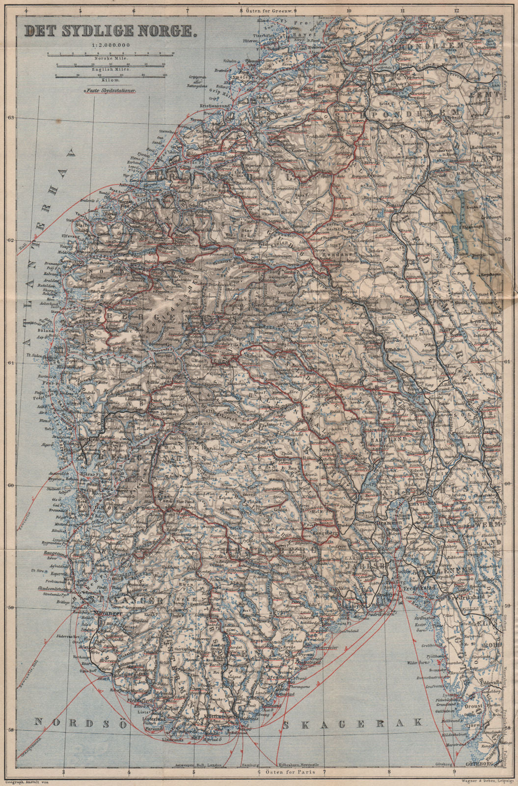 SOUTHERN NORWAY. Det Sydlige Norge kart. BAEDEKER 1899 old antique map chart
